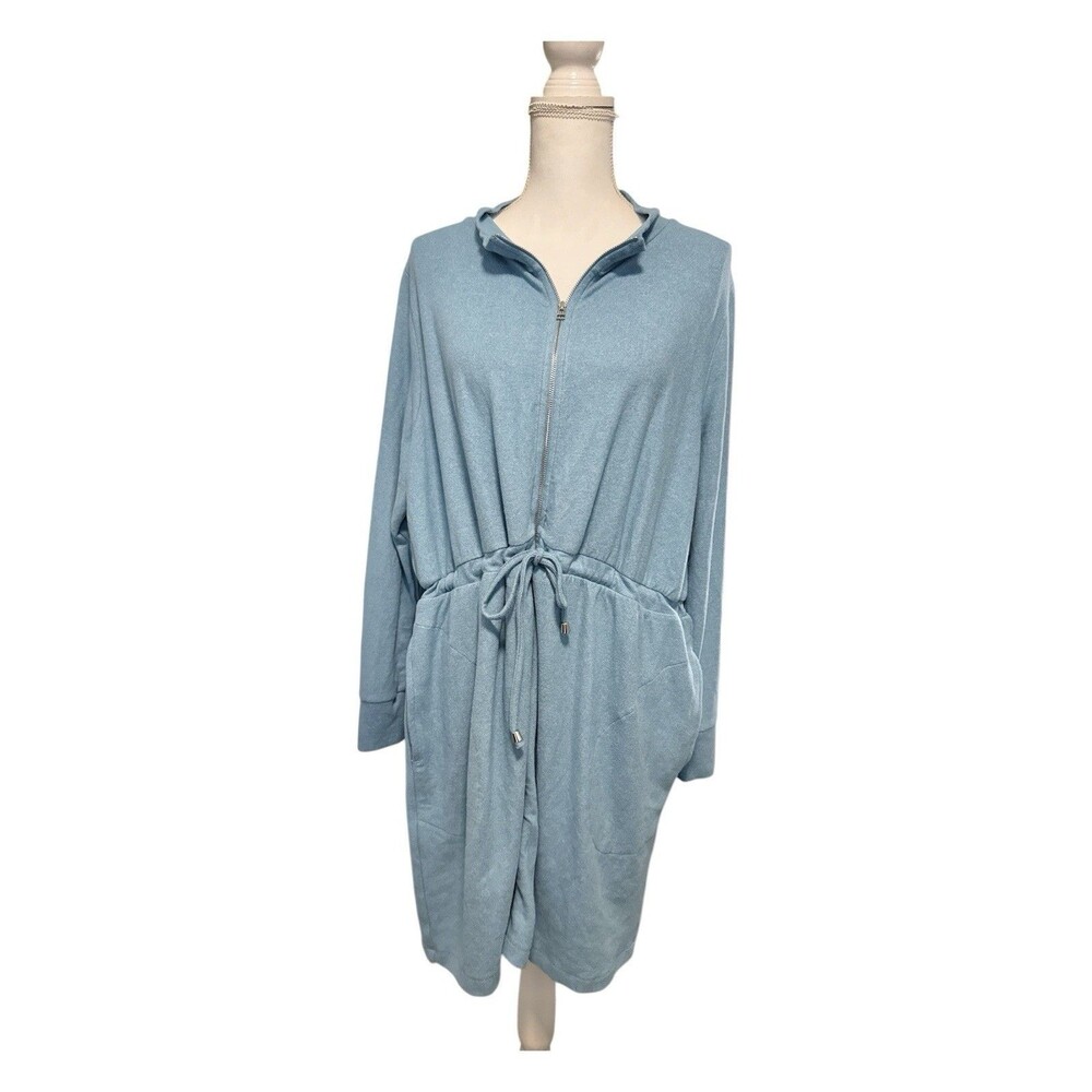 Soft Surroundings Eleve Zip Front Hacci Knit Dress Jacket Blue Drawstring Pocket - Picture 2 of 5